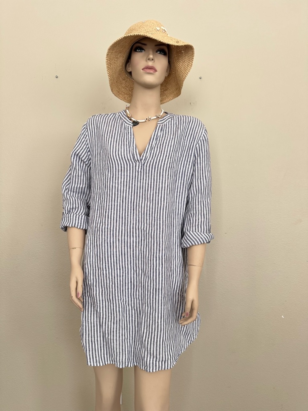 TAHARI 100% Linen Blue White Striped Tunic Dress Size L Roll Tab Sleeve